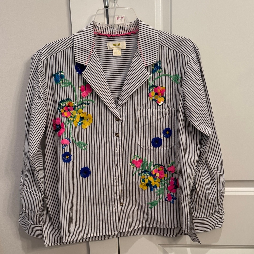 Maeve Black and White Striped Shirt with Floral Embroidery